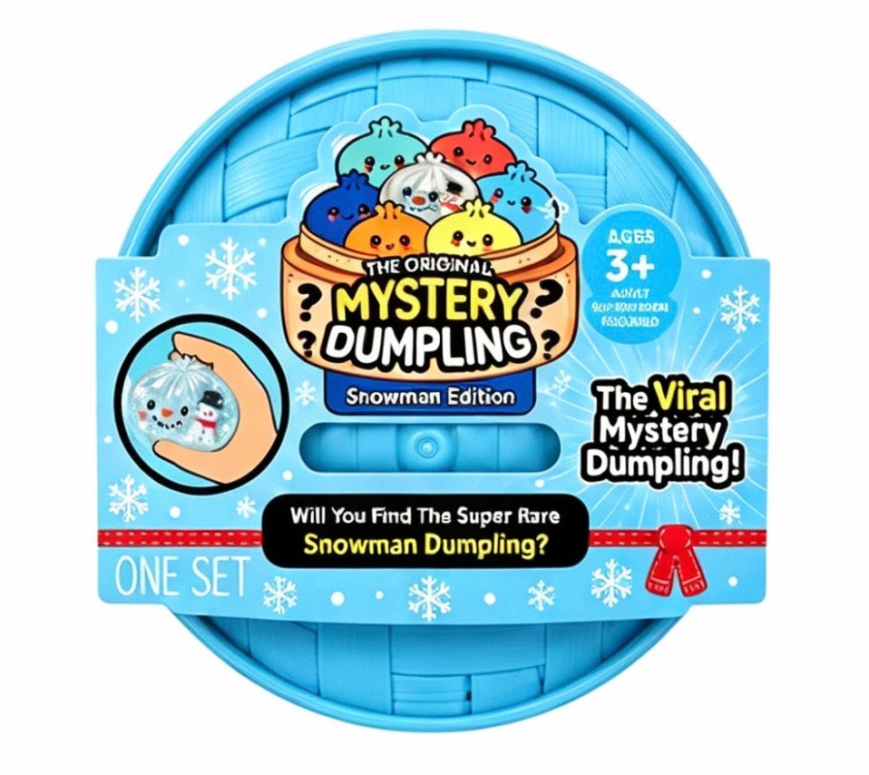 RMS Mystery Dumpling Snowman Edition Squishy Toy, Glitter Stress Relief Fidget Toy with Blue Steamer Box